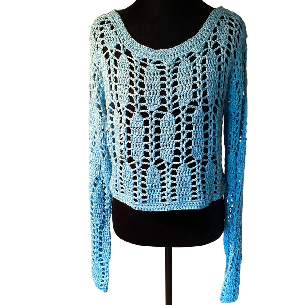 Blue Crew Neck Open-Knit Sweater
